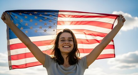 Joyful woman celebrating with the american flag in bright sunshine, symbolizing patriotism and freedom, ideal for independence day promotions