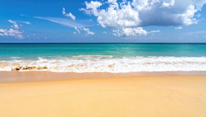 Obraz premium Tropical Beach Scene with Golden Sand Azure Water and Fluffy White Clouds on Clear Blue Sky during Sunny Day Ideal for Summer Getaways