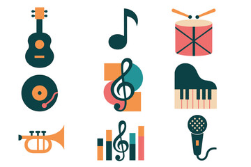 Vector music icon set. Geometric flat design elements for audio. Musical instruments for concert poster or festival. Guitar, piano, drum, trumpet, microphone, vinyl record.