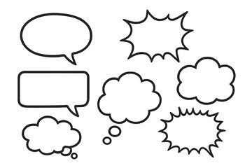 Set of hand-drawn vector comic bubbles. Speech and thought bubbles for text. Dialog, chat, and communication concept. Empty black and white pop art explosion clouds. Isolated.
