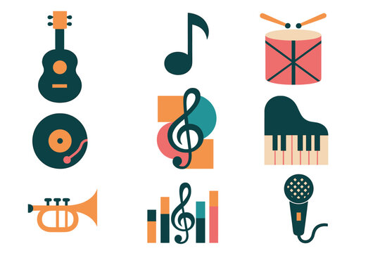 Vector music icon set. Geometric flat design elements for audio. Musical instruments for concert poster or festival. Guitar, piano, drum, trumpet, microphone, vinyl record. - Powered by Adobe