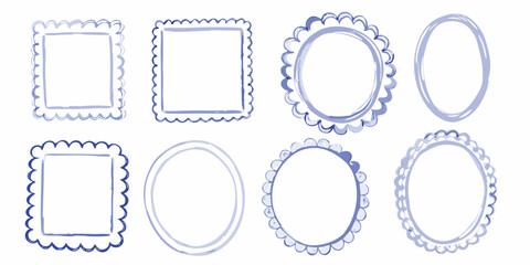 Collection of eight hand drawn blue watercolor frames and borders in various shapes and decorative styles