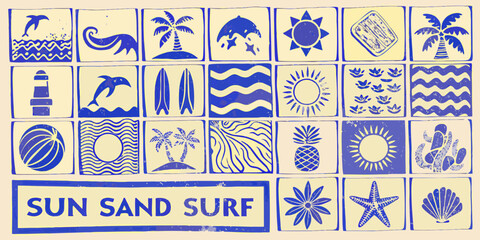 Collection of blue and yellow beach and summer icons with sun sand surf text © Kopil