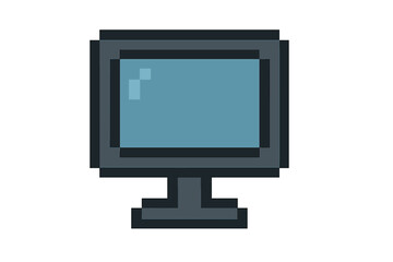 Pixel art computer monitor icon for retro 8-bit video games. Vintage electronic screen display for pc gaming. Old desktop technology concept. Digital vector illustration isolated.