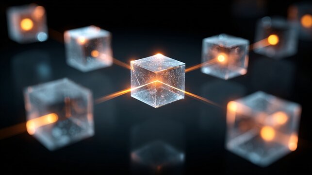 Blockchain concept with floating 3D cubes connected by glowing golden light chains for distributed data.
