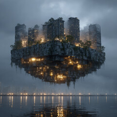 Fototapeta premium Glowing abstract geometric cube city floating with futuristic architecture