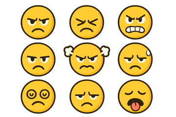 Fototapeta premium Angry emoji set vector collection. Bad mood, frustrated, and annoyed face icons. Mad, unhappy, and stressed emoticons. Negative emotion character illustrations and stickers.