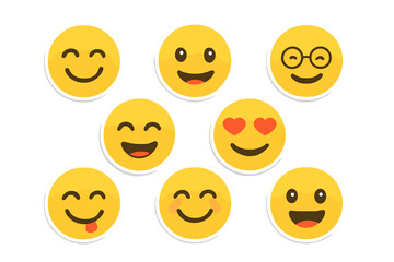 Fototapeta premium Set of emoticon stickers. Happy mood emojis. Positive smileys vector illustration. Cute cartoon yellow faces collection. Facial expressions for chat, message, social media.