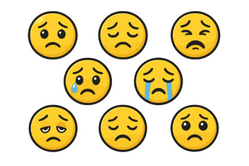Fototapeta premium Big set of sad and unhappy emoji stickers. Crying, disappointed, and depressed face emoticons. Vector illustration of negative emotions, sorrow, grief, and bad mood characters.
