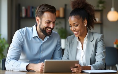 Obraz premium Two smiling business professionals a man and a woman are engaged in a discussion while looking at a tablet and laptop. High quality