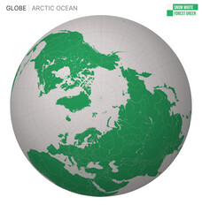 Vector Globe centered to Arctic Ocean. Snow White Forest Green palette. World map with meridians, parallels, countries, rivers and lakes. Authentic vector illustration. © Eugene Ga