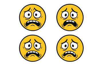 Fototapeta premium Set of sick and crazy emoticons. Vector emoji collection showing fear, anxiety, and panic. Stressed, worried, and shocked face expression. Mental health concept illustration.