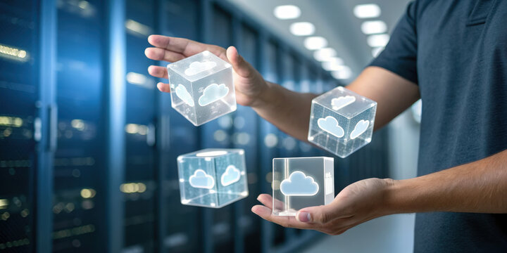 Cloud technology and ai concept with transparent cubes showing cloud icons floating above hands in data center room