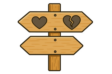 Wooden directional signpost with two arrows showing love and heartbreak symbols, choice concept, relationship decision, emotional path, isolated vector illustration