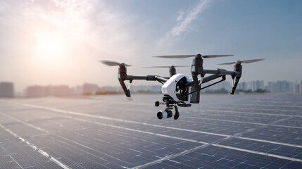 AI powered drone inspecting solar panels on rooftop for automated maintenance and energy efficiency.