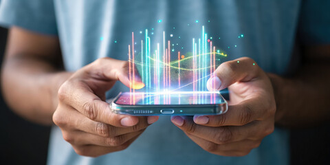 Person holding smartphone with colorful digital data and technology ai visualization floating above screen showing futuristic innovation and ai
