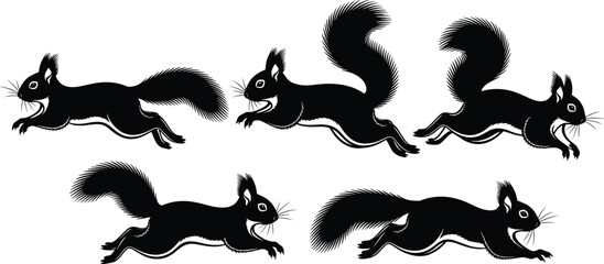 Running squirrel silhouette illustration, black squirrel vector design, wild forest animal movement, jumping squirrel artwork, woodland wildlife drawing, stylized rodent graphic
