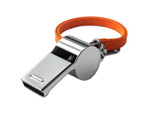 A metallic whistle with an orange strap