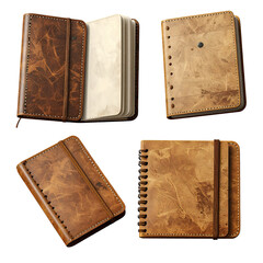 Four leather-bound notebooks open, showing blank pages