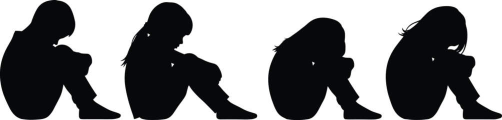 Sad child silhouette sitting alone, depressed kid vector illustration, loneliness, anxiety, mental health awareness, emotional pain, stress, childhood trauma design