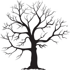 Fototapeta premium A black and white silhouette of a tree with bare branches against a white background.