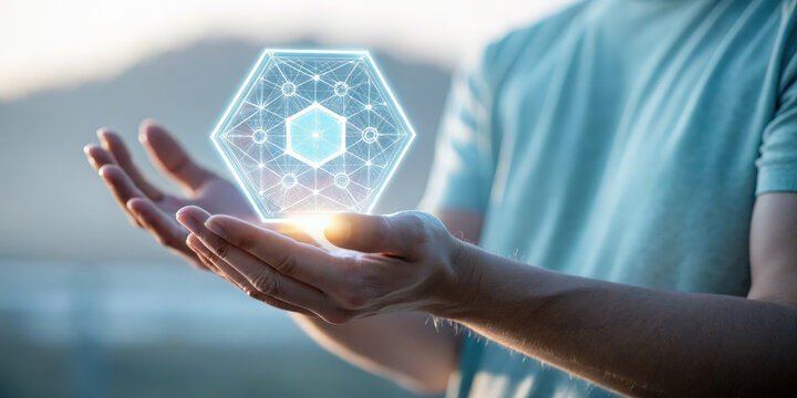 Technology innovation with ai concept showing futuristic digital network hologram glowing above human hands in outdoor environment