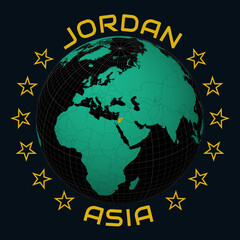Hashemite Kingdom of Jordan on Globe. Round country and continent name text. Country view on world map in Black Emerald color palette. Jordan shape on map. Artistic vector illustration.