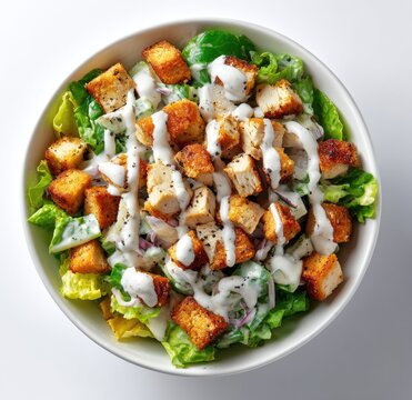 Fresh Caesar salad in white bowl.  Crispy croutons,  grilled chicken,  light dressing