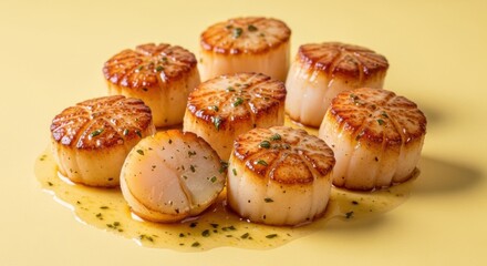 Deliciously Seared Scallops A Culinary Delight on a Vibrant Yellow Background