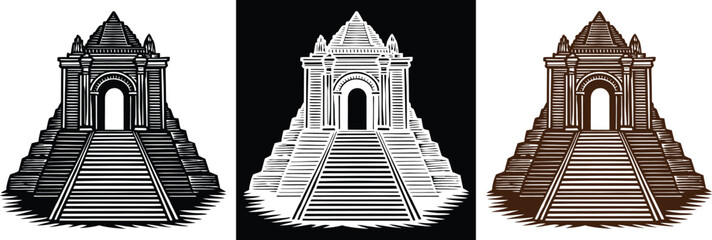 Explore the ancient temple ruins with pyramid steps and archway entrance in monochrome and sepia tones, evoking mystery and historical intrigue