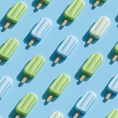 Pattern of colorful ice pops on a blue surface, each with a shadow