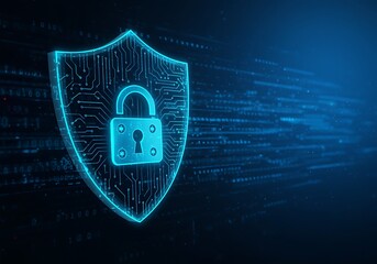 Digital security shield with glowing padlock symbolizing cyber protection and data privacy in a futuristic technological landscape