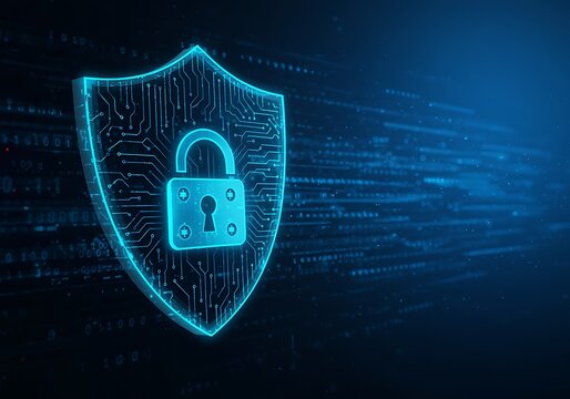 Digital security shield with glowing padlock symbolizing cyber protection and data privacy in a futuristic technological landscape