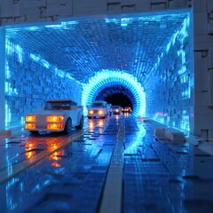 Naklejka premium Futuristic Lego tunnel, cars in motion