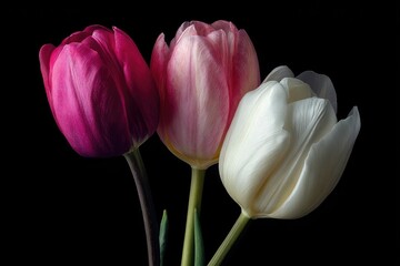 Three vibrant tulips, magenta, pink, and white, stand out against a stark black background
