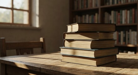 Stack of books on a wooden table in a sunlit library