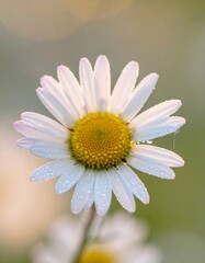 Fototapeta premium Close up of daisy flower with yellow center and white petals, fresh dew drops