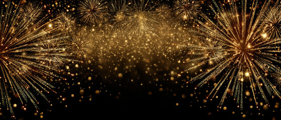 Golden fireworks bursting at edges with black gradient center for festive design