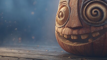 Whimsical Carved Pumpkin Decorated with Spirals on a Rustic Wooden Surface Surrounded by Mystical Fog and Gentle Lantern Light