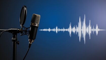 Black microphone with pop filter and audio waveform sound recording