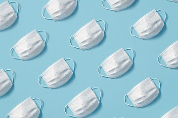 Repeating pattern of disposable face coverings with ear loops, scattered on a light blue surface