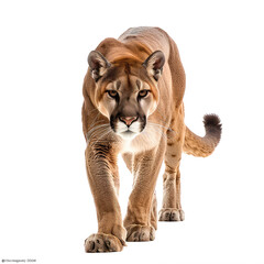 Naklejka premium A majestic mountain lion walking forward in front of a transparent background.
