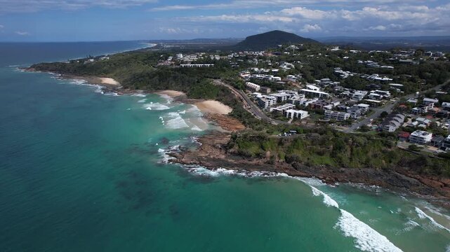 Sea Waves On The Rocky Shore Of Beaches In Coolum Beach In Sunshine Coast, QLD, Australia. - aerial shot