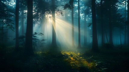 Obraz premium A beam of sunlight pierces through a dense, misty forest, illuminating the ground with a golden glow.