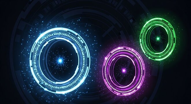Futuristic Glowing Rings: Abstract Technology Background with Vibrant Colors and Sparkling Particles