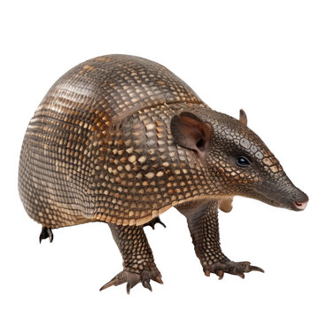 A three-banded armadillo standing on its hind legs with its head turned to the side.