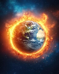 Obraz premium Earth engulfed in flames against dark cosmic background