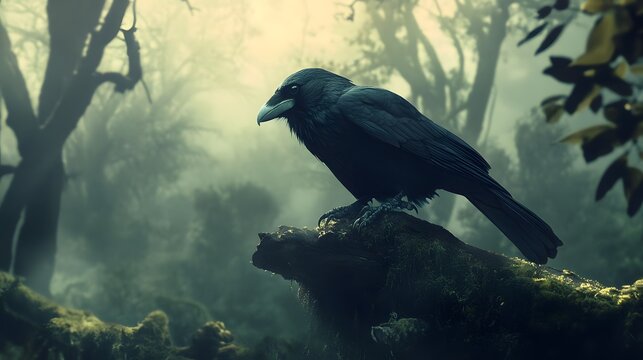 A black raven perched on a moss-covered log in a misty forest.
