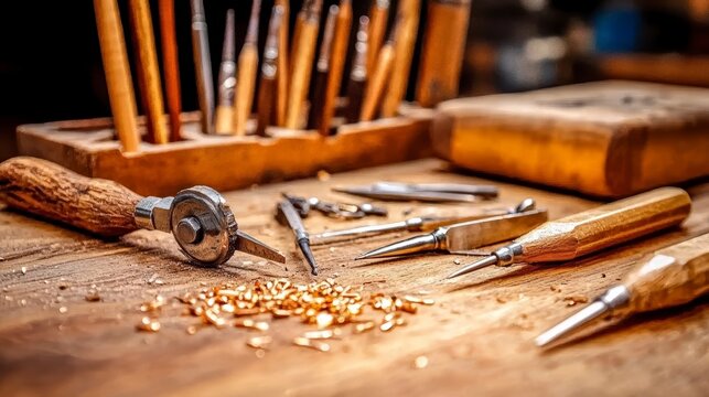 Craftsman's Tools and Gold Findings on Wooden Workbench - Powered by Adobe