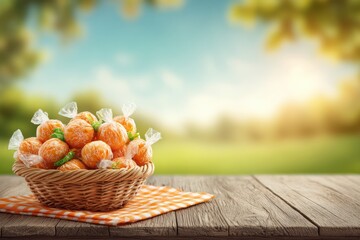 Colorful Candy Treats in a Wicker Basket on a Rustic Table with a Soft Blurred Nature Background in Warm Light